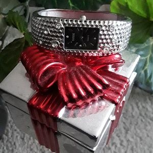 "Suisse" Rhinestone Textured Bracelet Watch